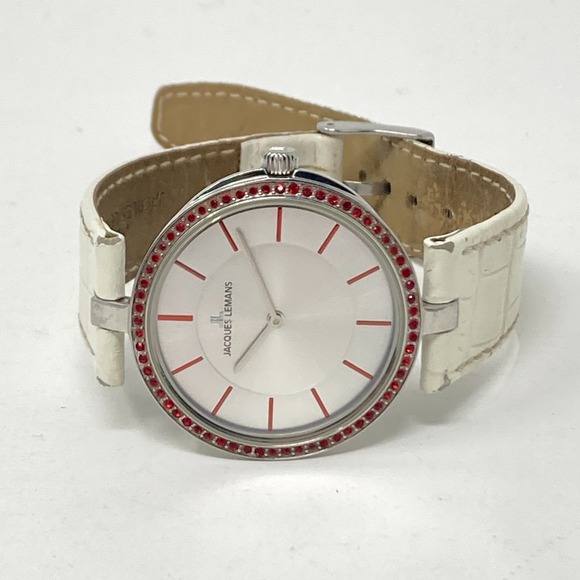 Jacques Lemans Women\'s Watch 35mm Silver Tone Red Crystals Bling 50M New Battery main image 16